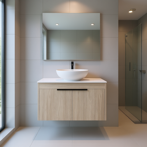 Meuble-lavabo mural en chêne blanc de 30 pouces au design moderne avec vasque en céramique et porte à fermeture douce - Product Image 2