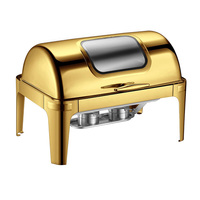 Plat à chafing de luxe en acier inoxydable plaqué or haut de gamme avec couvercle roulant et verre visible, chauffe-plats 6L/9L pour buffet, service traiteur au gaz
