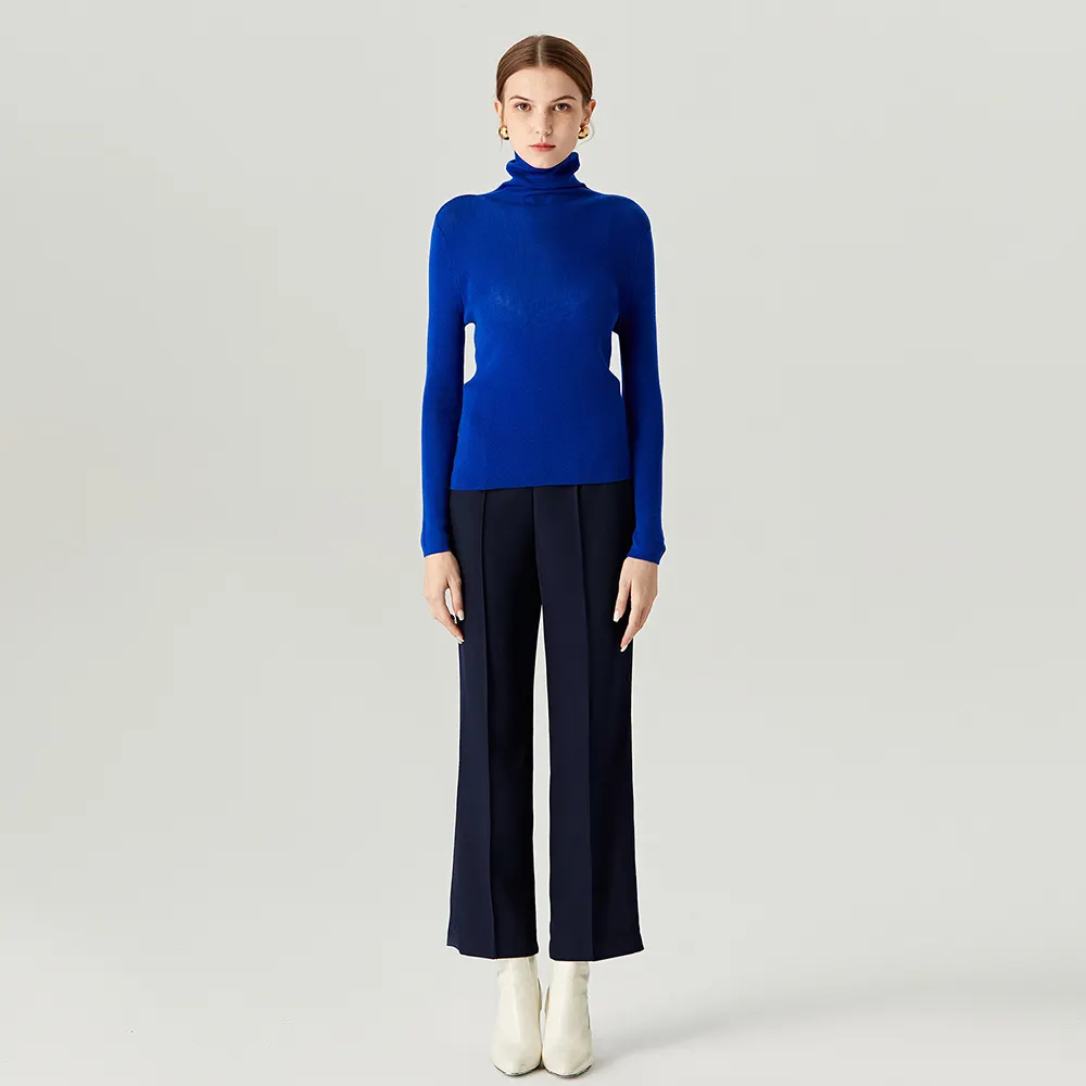 High Quality Klein Blue Wool Pullover Top High Collar Turtleneck Undershirt Solid Color Stripe Long Sleeve Woolen Sweater Woman