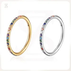 ASTM F136 Titanium Body Piercing Hoop With Colorful CZ Pave Hinged Titanium Septum Nose Ring Piercing For Women