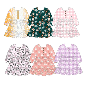 Abito Estivo di Alta Qualità per Bambine con Stampa Personalizzata, Maniche Lunghe, Motivi Floreali, Morbido e Confortevole, Lunghezza al Ginocchio, <span class=keywords><strong>Vestito</strong></span> Casual - Product Image 1