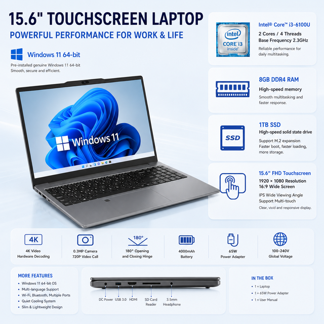 15.6 Inch Laptop Intel Core I3 8GB RAM 1TB SSD Business Notebook Computer with Windows 11 Pro 180 Degree for Office Meeting