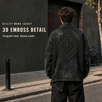 Blouson de travail noir vieilli à motif diamant gaufré haute fréquence, ourlet irrégulier, poches utilitaires, style streetwear, vente en gros OEM