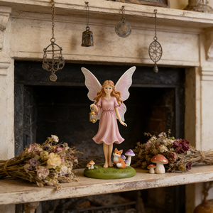 Statue de Fée de Jardin Élégante en Résine avec Lanterne |   Figurine de fée aux ailes d'ange roses peinte à la main avec renard et champignon - Product Image 1