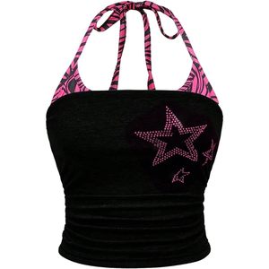 Top Halter Personalizado para Mujer, Talla Grande, Corto, Tejido, con Pedrería, Estrella, Fruncido, Sin Mangas, Estilo Camiseta - Product Image 4