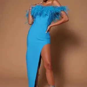 Bettergirlファッションショルダーフェザースプリットブルーエレガントドレスレディース服2023新しい高品質のセクシーなロングレディースドレス