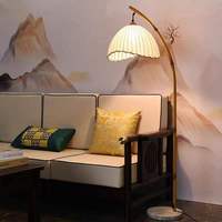 Lámpara de Pie Decorativa de Esquina para Hotel Wabi Sabi, Pantalla de Tela Tejida en Arco, Base de Mármol, Diseño Simulado de Bambú