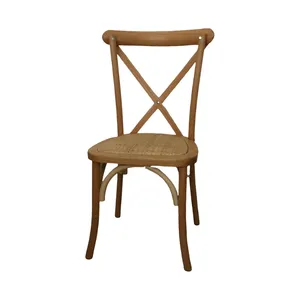 Antique Design Solid Birch Wood Cross X Back Stackable Dining Rattan Mat Chair For Event Wedding And Household Use