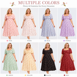 Robe d'été mi-longue pour femmes, grande taille 1X-5X, col carré, manches courtes bouffantes, imprimé floral, ligne A, robe décontractée avec poches - Product Image 2
