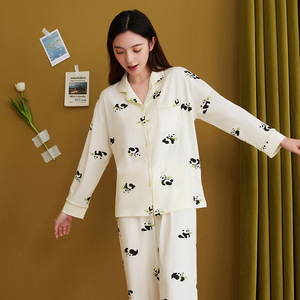 PJ-1463 Ensemble de pyjama pour femme à manches longues imprimé panda, en coton fin, vêtements de maison, taille Miss, 2 pièces - Product Image 2