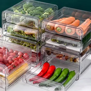High Quality Kitchen Food Container Transparent Drawer Type Refrigerator Organizer Storage Bins With Drain Basket With Lid