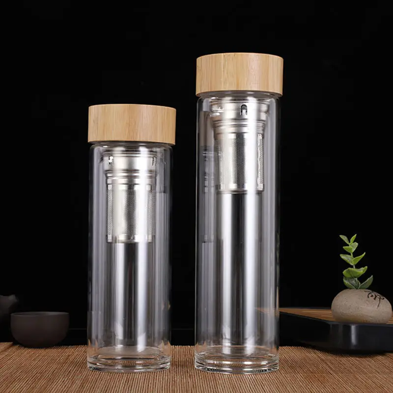 sustainable eco friendly products Tea Infuser Tumbler with Strainer Double Wall Water Bottles Glass Cup with Bamboo Lid