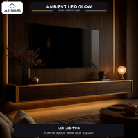 Console TV flottante moderne sur mesure de luxe italienne, placage noyer foncé, finition métallique or champagne, éclairage LED, pour salon de villa