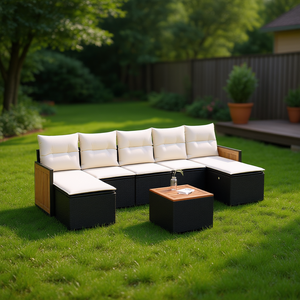 Ensemble de canapés de jardin en rotin moderne 6 places, mobilier d'extérieur avec accents en teck, résistant aux intempéries, design contemporain - Product Image 2