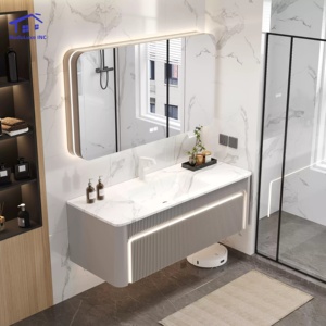Rounded corner smart gray bathroom vanity smart mirror cabinet white washbasin wall-mounted cabinet - Product Image 1