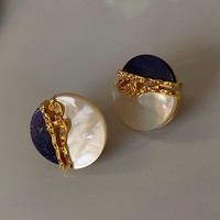 Boucles d'oreilles clous en Lapis Lazuli naturel et nacre blanche, plaquées or 18 carats, aiguilles rondes en argent, style luxe léger, pour femme