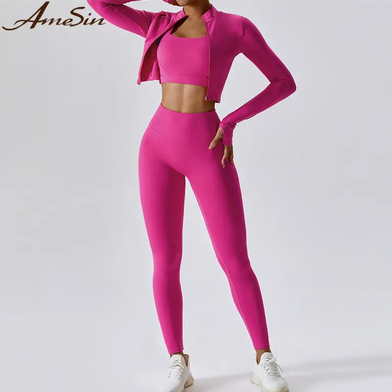 LOGO personalizzato 3 pezzi abbigliamento da palestra set di abbigliamento da yoga per donna giacca con cerniera corta e reggiseno sportivo set di leggings da yoga