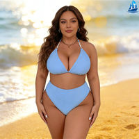 Dames plus size 2-delige bikiniset met V-hals, driehoekige bh, hoge taille, onderkant met parelkralen, geribbelde stof, badpak