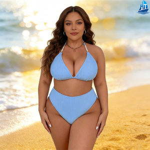 Ensemble bikini <span class=keywords><strong>2</strong></span> pièces grande taille pour femme, soutien-gorge triangle col en V, bas taille haute, perles, tissu côtelé, maillot de bain - Product Image 5