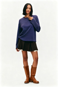 T-shirt in cotone 100 <span class=keywords><strong>a</strong></span> maniche lunghe Casual con girocollo personalizzato OEM da <span class=keywords><strong>donna</strong></span> blu <span class=keywords><strong>a</strong></span> strisce Colorblock Pullover <span class=keywords><strong>a</strong></span> maniche lunghe t-shirt top - Product Image 4