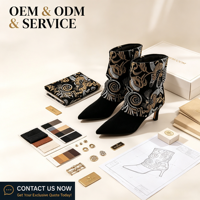Bottines à bout pointu pour femmes, talon aiguille, en daim noir avec motifs floraux ornés de paillettes, personnalisables OEM ODM