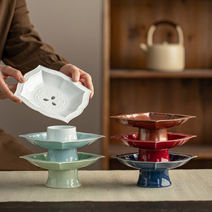 Plateau de drainage en céramique carré, design grain de lotus, empilable, en porcelaine, pour vaisselle et bols de cuisine - Product Image 1