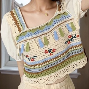 Chemise en mousseline de soie blanche bohème au crochet, broderie florale et papillon, manches courtes, hauts d'été pour femmes - Product Image 4