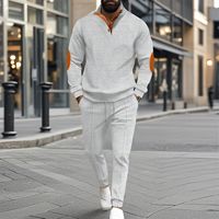 Ensemble 2 pièces pour homme : Sweat-shirt à col montant semi-boutonné avec empiècements gaufrés aux coudes et pantalon à cordon de serrage