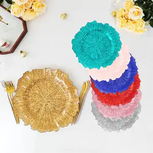 Cheap Bulk 13 Inch Decorative Snowflake Red Blue Pink Rose Gold Leaf Silver Reef Acrylic Plastic Charger Plate For Wedding Table