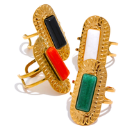 Bague ouverte géométrique carrée JINYOU 1513 en acier inoxydable avec pierres noires, rouges, blanches et vertes, ajustable, tendance, bijou doré