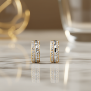 Orecchini a Cerchio Bicolore E1493 in Oro Massiccio 18K con Diamanti Taglio Brillante Rotondo, Montatura a Canale, Classici da Donna per Uso Quotidiano - Product Image 2