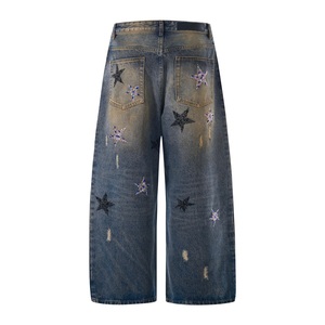 Nouveau à la mode Hip-hop rue jambe large ample jambe droite hommes Denim pantalon cinq branches étoile paillettes bleu Graffiti déchiré jean - Product Image 2