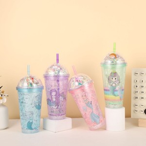 Kawaii 450ml Underwater World Mermaid Cartoon <b>Plastic</b> <b>Straw</b> Tumbler with Shiny Tinsel Dome Lid Double Wall Clear Icy Glitter Cup - Product Image 1