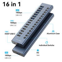 16 Port USB-C Hub 10Gbps Docking Station 8 USB-A/8 USB-C Paduan Aluminium 12V/8A Splitter Bertenaga Listrik Stok Tersedia