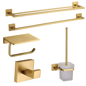 Set di accessori da bagno per la casa di lusso scopino da bagno moderno oro e portabottiglie in oro rifinito in ottone - Product Image 1