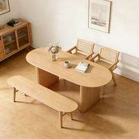 Ensemble de table à manger en bois massif, table ovale Wabi Sabi avec chaises et banc en rotin, mobilier de salle à manger minimaliste pour la maison
