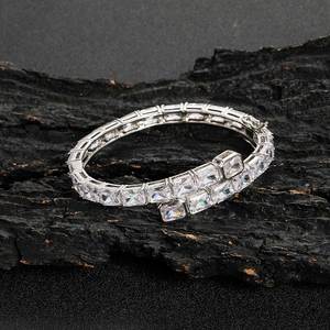 Luxury Full Eternity Baguette Cut Crystal Clear CZ Geometric Square Platinum Plated Adjustable Open <b>Bangle</b> - Product Image 4