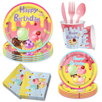 Nouveau ensemble de vaisselle de fête transfrontalière thème de Dessert de crème glacée pour anniversaire saint valentin pâques comprend une assiette en papier tasse de tissu