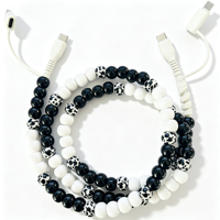 Kabel Pengisi Daya Berhias Manik-Manik Motif Sapi 4 in 1, Kabel Multi Charger USB Tipe C Multi Konektor Hitam Putih untuk Ponsel