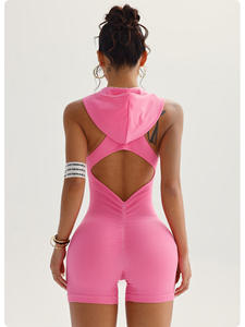 女性用シームレスリブノースリーブフード付きヨガボディスーツオープンバックバットリフトクイックドライワークアウトスーツジムランニングスポーツ用 - Product Image 6