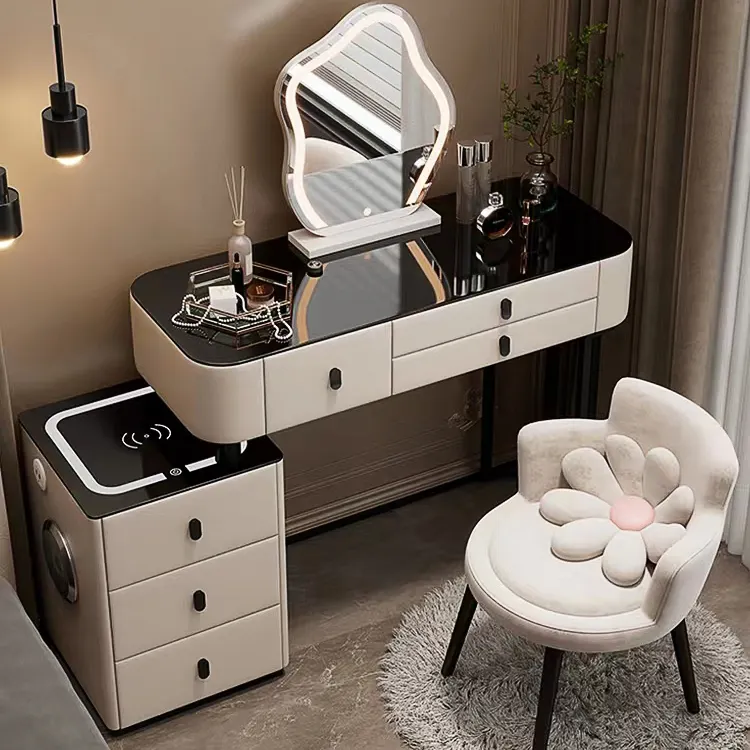 Estilo italiano Quarto Dresser Set Make Up Vanity LED Maquiagem Dressing Table Com Espelho Iluminado