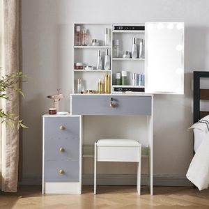 Miroir de <span class=keywords><strong>coiffeuse</strong></span> <span class=keywords><strong>avec</strong></span> panneau en bois et lumières, 4 tiroirs, tabouret rembourré, miroir coulissant, table de maquillage pour filles - Product Image 1