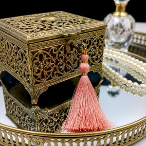 Traditional Brass Jewelry <b>Box</b> With Pink Tassel Decorative Home Accent for Bedroom Tabletop Display - Product Image 1