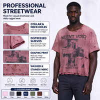 T-shirt OEM Homme Effet Vieilli Coupe Courte Oversize en Coton Délavé Vintage Déchiré Imprimé Graphique Streetwear Décontracté Manches Courtes