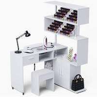 Table de manucure bureau à ongles en forme de L avec tabouret et collecteur de poussière et armoire à tiroirs poste de travail de manucure réversible rotatif sur roues
