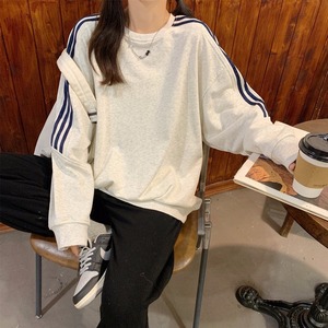 Striped Long Sleeve Pullover Sweatshirt Women Light Gray Navy Blue Breathable Knitted Spring Autumn Korean Style Boyfriend Fit - Product Image 2