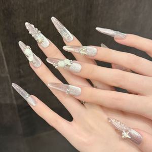 <span class=keywords><strong>Unghie</strong></span> Finte Lunghe a Bara Fatte a Mano, Glitter Argento Rosa Ombré, Conchiglie <span class=keywords><strong>e</strong></span> Stelle Marine 3D Scolpite, <span class=keywords><strong>Unghie</strong></span> di Lusso con Perle da Sirena - Product Image 2
