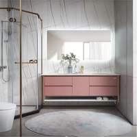 Meuble-lavabo mural moderne rose en bois massif/acier inoxydable/MDF, résistant à l'eau, avec éclairage LED, pour salle de bain/coiffeuse - Vente en gros
