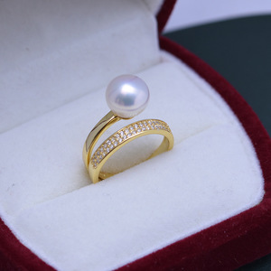 9-10mm Round Strong Light White Freshwater Pearl <b>Ring</b> for Women S925 Gold Double Loop <b>Ring</b> with <b>Opening</b> - Product Image 5