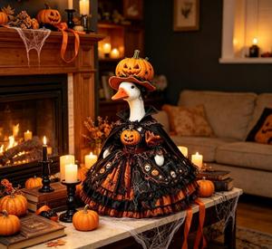 Statue de canard d'hiver pour porche, déguisée en roi citrouille d'Halloween, pour jardin extérieur, décoration de fête, design terrifiant - Product Image 1